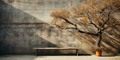 ai generado. ai generativo. urbano ciudad jardín parque con hormigón Roca pared y de madera banco y árbol. naturaleza al aire libre relajante mínimo tiempo. gráfico foto