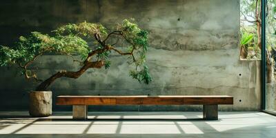 ai generado. ai generativo. urbano ciudad jardín parque con hormigón Roca pared y de madera banco y árbol. naturaleza al aire libre relajante mínimo tiempo. gráfico foto