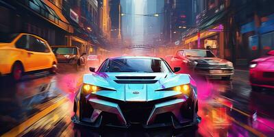 AI Generated. AI Generative. Cyberpunk race car neon ligh night move on road. Retrowave vaporwave synthwave style vibe. Graphic Art photo