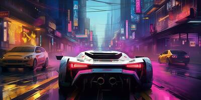 AI Generated. AI Generative. Cyberpunk race car neon ligh night move on road. Retrowave vaporwave synthwave style vibe. Graphic Art photo