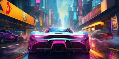 AI Generated. AI Generative. Cyberpunk race car neon ligh night move on road. Retrowave vaporwave synthwave style vibe. Graphic Art photo