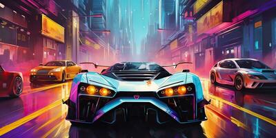 AI Generated. AI Generative. Cyberpunk race car neon ligh night move on road. Retrowave vaporwave synthwave style vibe. Graphic Art photo