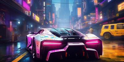 AI Generated. AI Generative. Cyberpunk race car neon ligh night move on road. Retrowave vaporwave synthwave style vibe. Graphic Art photo