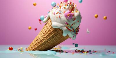 AI Generated. AI Generative. Fresh ice cream in waffle cone round. Chocolate vanilla desser vibrant bright color background mockup decoration. Graphic Art photo