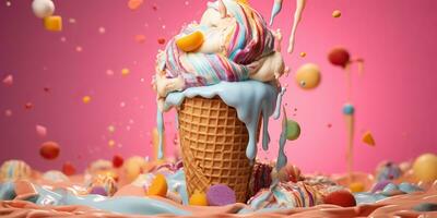 AI Generated. AI Generative. Fresh ice cream in waffle cone round. Chocolate vanilla desser vibrant bright color background mockup decoration. Graphic Art photo