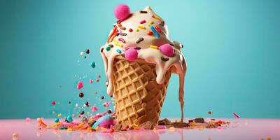 AI Generated. AI Generative. Fresh ice cream in waffle cone round. Chocolate vanilla desser vibrant bright color background mockup decoration. Graphic Art photo