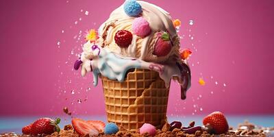 AI Generated. AI Generative. Fresh ice cream in waffle cone round. Chocolate vanilla desser vibrant bright color background mockup decoration. Graphic Art photo