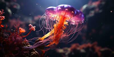 ai generado. ai generativo. rojo Medusa submarino fauna silvestre mar Oceano acuario vida. gráfico Arte foto