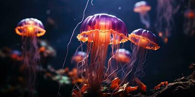 ai generado. ai generativo. rojo Medusa submarino fauna silvestre mar Oceano acuario vida. gráfico Arte foto