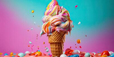 AI Generated. AI Generative. Fresh ice cream in waffle cone round. Chocolate vanilla desser vibrant bright color background mockup decoration. Graphic Art photo