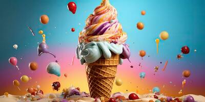 AI Generated. AI Generative. Fresh ice cream in waffle cone round. Chocolate vanilla desser vibrant bright color background mockup decoration. Graphic Art photo