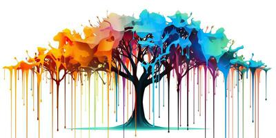 AI Generated. AI Generative. Watercolor oil paint drawing sketch art canvas of color bright tree. Forest nature decoration poster background. Graphic Art photo