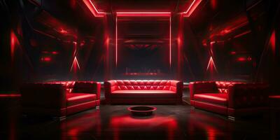 AI Generated. AI Generative. Vip private room at nightclub interior design. Red dark night life style party with red sofa seating. Graphic Art photo