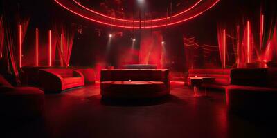 AI Generated. AI Generative. Vip private room at nightclub interior design. Red dark night life style party with red sofa seating. Graphic Art photo