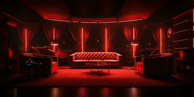 AI Generated. AI Generative. Vip private room at nightclub interior design. Red dark night life style party with red sofa seating. Graphic Art photo