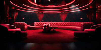 AI Generated. AI Generative. Vip private room at nightclub interior design. Red dark night life style party with red sofa seating. Graphic Art photo