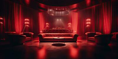 AI Generated. AI Generative. Vip private room at nightclub interior design. Red dark night life style party with red sofa seating. Graphic Art photo