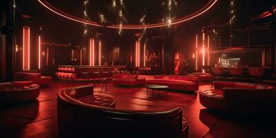 AI Generated. AI Generative. Vip private room at nightclub interior design. Red dark night life style party with red sofa seating. Graphic Art photo