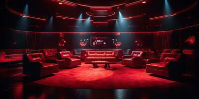 AI Generated. AI Generative. Vip private room at nightclub interior design. Red dark night life style party with red sofa seating. Graphic Art photo
