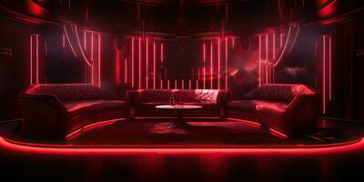 ai generado. ai generativo. VIP privado habitación a Club nocturno interior diseño. rojo oscuro noche vida estilo fiesta con rojo sofá asientos. gráfico Arte foto