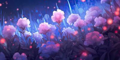 ai generado. ai generativo. Violeta púrpura azul rosado flores planta foilage prado campo de floración salvaje hermosa decoración paisaje antecedentes. gráfico Arte foto