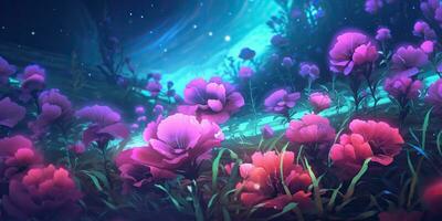 ai generado. ai generativo. Violeta púrpura azul rosado flores planta foilage prado campo de floración salvaje hermosa decoración paisaje antecedentes. gráfico Arte foto