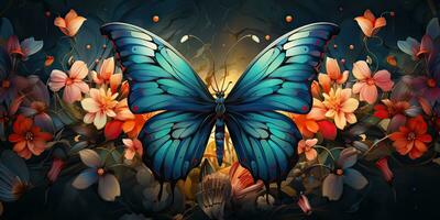 AI Generated. AI Generative. Beautiful nature wild cute butterfly witn plant flowers decoration. Background art graphic beauty. Graphic Art photo