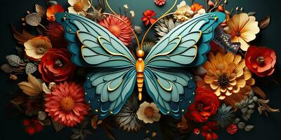 AI Generated. AI Generative. Beautiful nature wild cute butterfly witn plant flowers decoration. Background art graphic beauty. Graphic Art photo