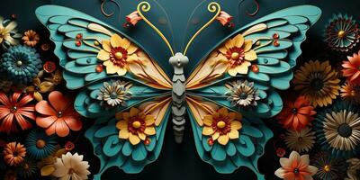 AI Generated. AI Generative. Beautiful nature wild cute butterfly witn plant flowers decoration. Background art graphic beauty. Graphic Art photo