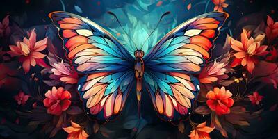 AI Generated. AI Generative. Beautiful nature wild cute butterfly witn plant flowers decoration. Background art graphic beauty. Graphic Art photo