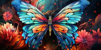 AI Generated. AI Generative. Beautiful nature wild cute butterfly witn plant flowers decoration. Background art graphic beauty. Graphic Art photo