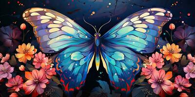 AI Generated. AI Generative. Beautiful nature wild cute butterfly witn plant flowers decoration. Background art graphic beauty. Graphic Art photo