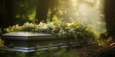 ai generado. ai generativo. funeral religión cultura evento. cementerio con tumba y muchos flores planta en él. gráfico Arte foto