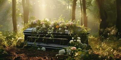 ai generado. ai generativo. funeral religión cultura evento. cementerio con tumba y muchos flores planta en él. gráfico Arte foto