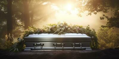 ai generado. ai generativo. funeral religión cultura evento. cementerio con tumba y muchos flores planta en él. gráfico Arte foto