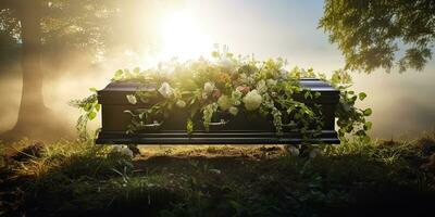 ai generado. ai generativo. funeral religión cultura evento. cementerio con tumba y muchos flores planta en él. gráfico Arte foto