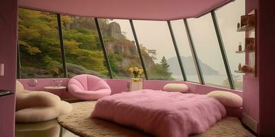 AI Generated. AI Generative. Pink luxury bedroom with window view on nature outdoor forest trees landscape. Hotel vacation relaxing style vibe. Graphic Art photo