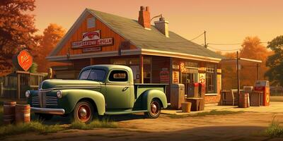 AI Generated. AI Generative. American old vintage retro usa antique rural countryside lifestyle. Old car truck at shop store with products boxes. Graphic Art photo