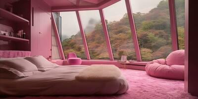 AI Generated. AI Generative. Pink luxury bedroom with window view on nature outdoor forest trees landscape. Hotel vacation relaxing style vibe. Graphic Art photo