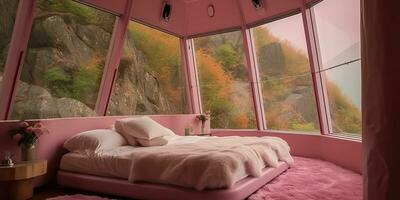 AI Generated. AI Generative. Pink luxury bedroom with window view on nature outdoor forest trees landscape. Hotel vacation relaxing style vibe. Graphic Art photo