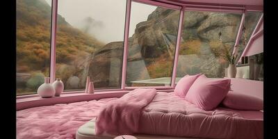AI Generated. AI Generative. Pink luxury bedroom with window view on nature outdoor forest trees landscape. Hotel vacation relaxing style vibe. Graphic Art photo