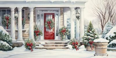 ai generado. ai generativo. Navidad alegre Navidad nuevo año decoración decoración antecedentes de casa hogar frente puerta porche con guirnalda y fiesta decoración. invierno familia celebracion onda. gráfico Arte foto