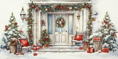 ai generado. ai generativo. Navidad alegre Navidad nuevo año decoración decoración antecedentes de casa hogar frente puerta porche con guirnalda y fiesta decoración. invierno familia celebracion onda. gráfico Arte foto