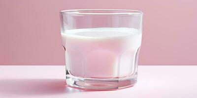 AI Generated. AI Generative. Organic eco natural protein calcium fresh milk. Pink background white glass mug cup. Promotion marketing style. Graphic Art photo