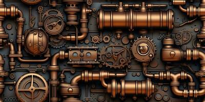 AI Generated. AI Generative. Steam punk pipes valve connection pattern decoration wallpapper design. Graphic Art photo