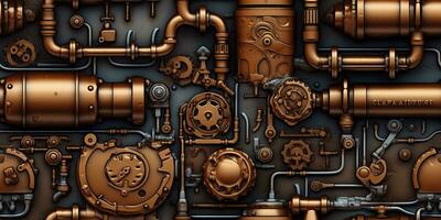 AI Generated. AI Generative. Steam punk pipes valve connection pattern decoration wallpapper design. Graphic Art photo