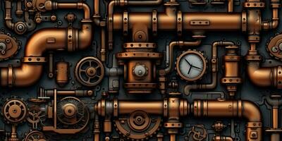 AI Generated. AI Generative. Steam punk pipes valve connection pattern decoration wallpapper design. Graphic Art photo