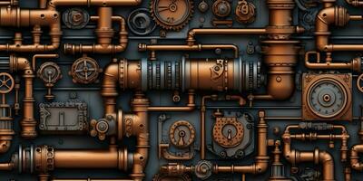 AI Generated. AI Generative. Steam punk pipes valve connection pattern decoration wallpapper design. Graphic Art photo