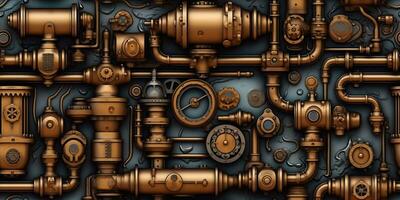 AI Generated. AI Generative. Steam punk pipes valve connection pattern decoration wallpapper design. Graphic Art photo