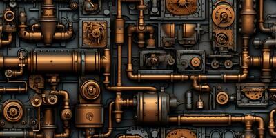 AI Generated. AI Generative. Steam punk pipes valve connection pattern decoration wallpapper design. Graphic Art photo